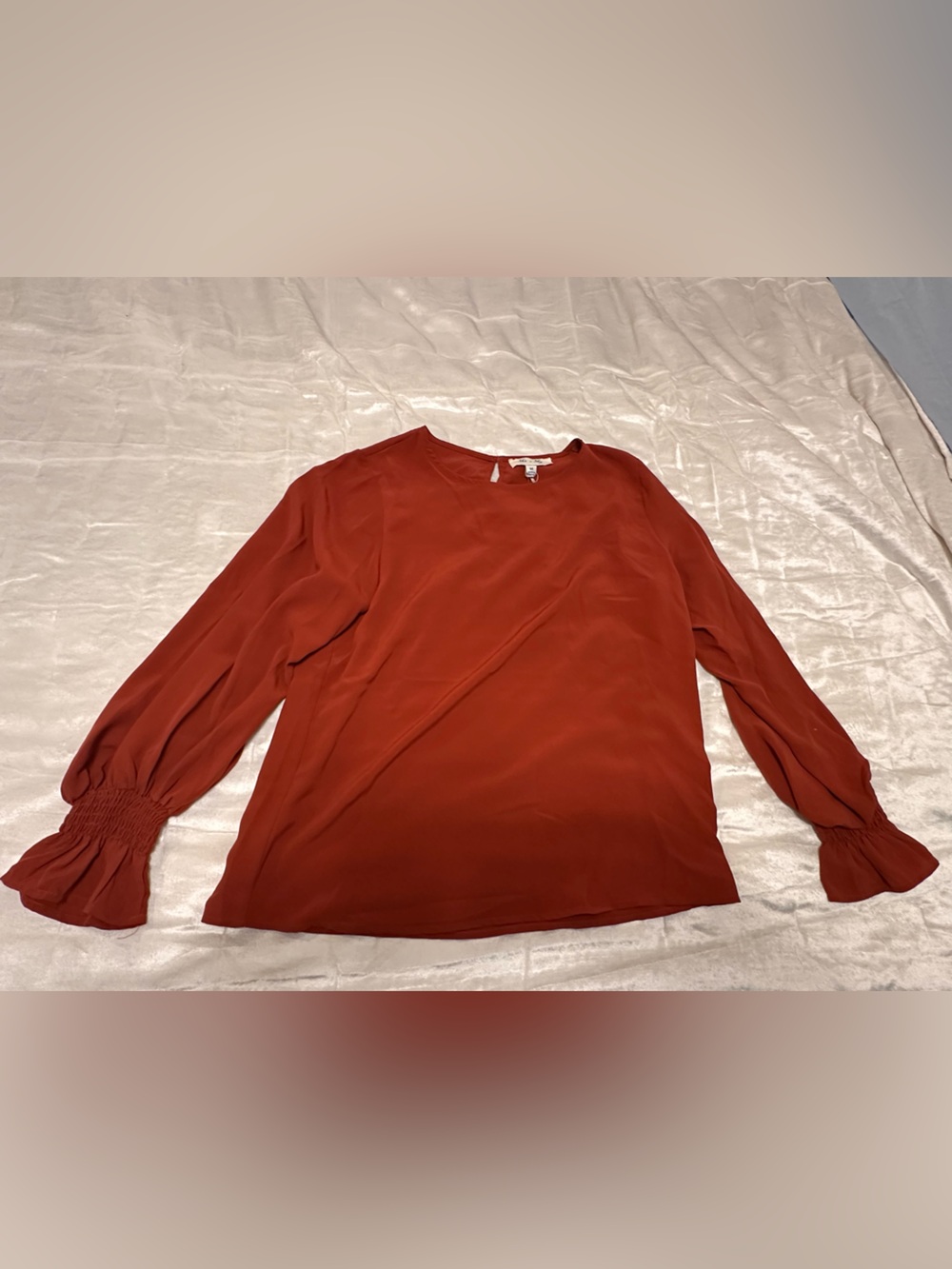 She + Sky Rust Red Long-Sleeve Blouse with Smocked Ruffle Cuffs